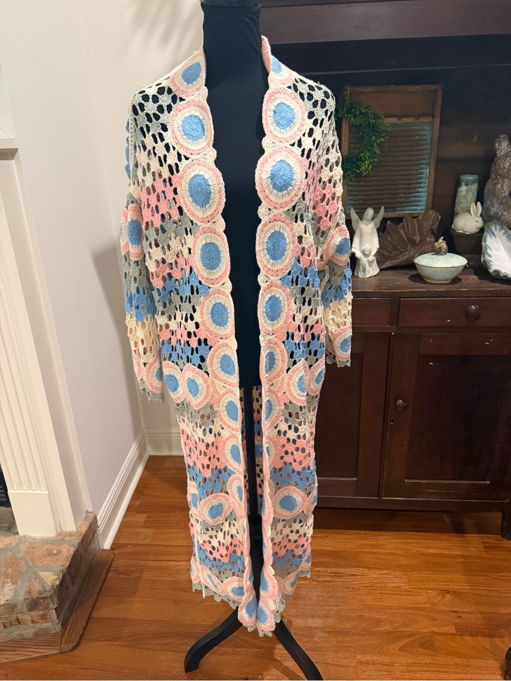 Pol Crochet Open-Front Long Cardigan Coatigan in Pastel Multi
